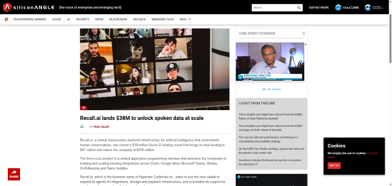 Recall.ai获3800万B轮融资，估值2.5亿加码AI对话数据基建